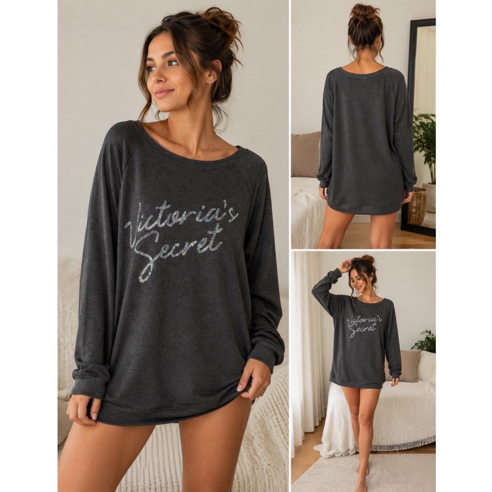 Victoria's Secret Gray Sequin Logo Sweatshirt/PJ Women's Large Pullover Y2K Cozy